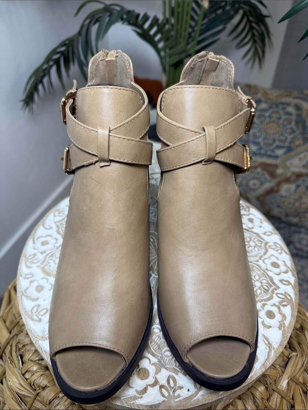 Women’s Taupe Peep-Toe Ankle Bootie with Buckle Strap